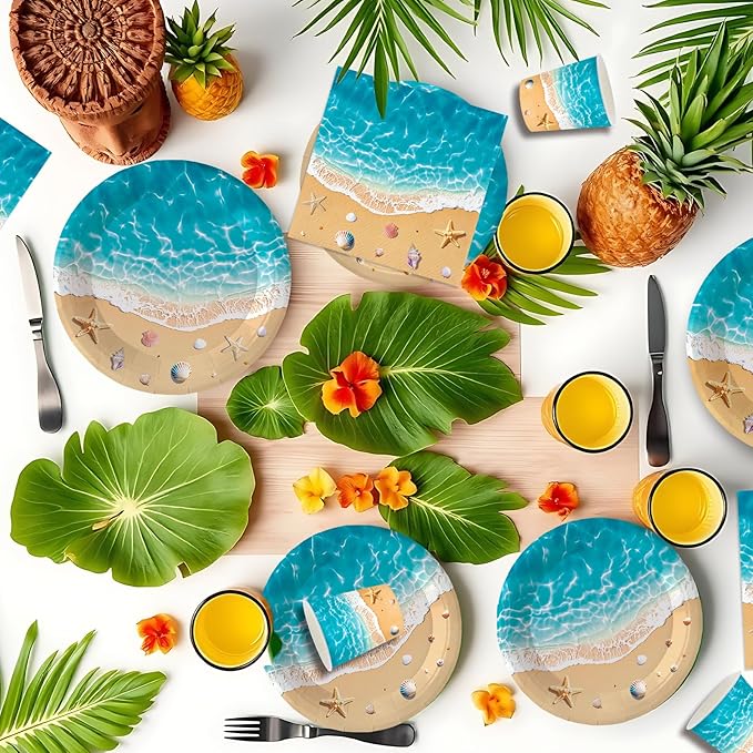 140Pcs Beach Party Supplies Ocean Waves Tableware Set Summer Beach