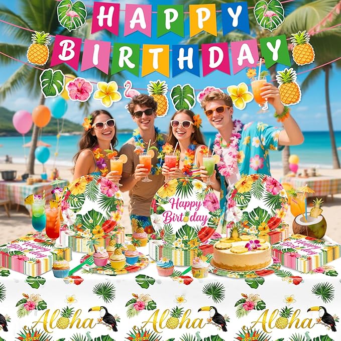 Hawaiian Birthday Party Decorations 99Pcs Aloha Party Plates Serve
