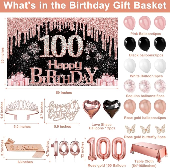 100th Birthday Decorations for Women 49pcs Black Rose Gold Black