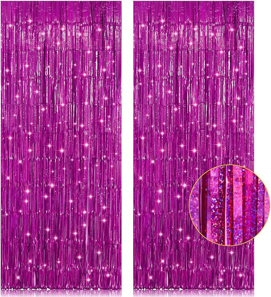 2 Pack 3.2ft x 8.2ft Hot Pink Metallic Tinsel Foil Fringe Curtains,