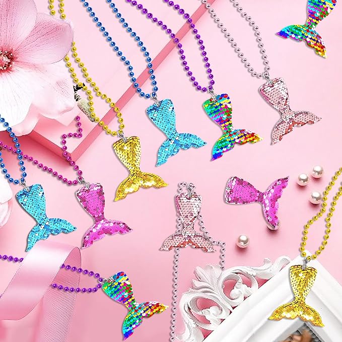 15 Pack Mermaid Sequin Necklace Party Favors with Mardi Gras Beads