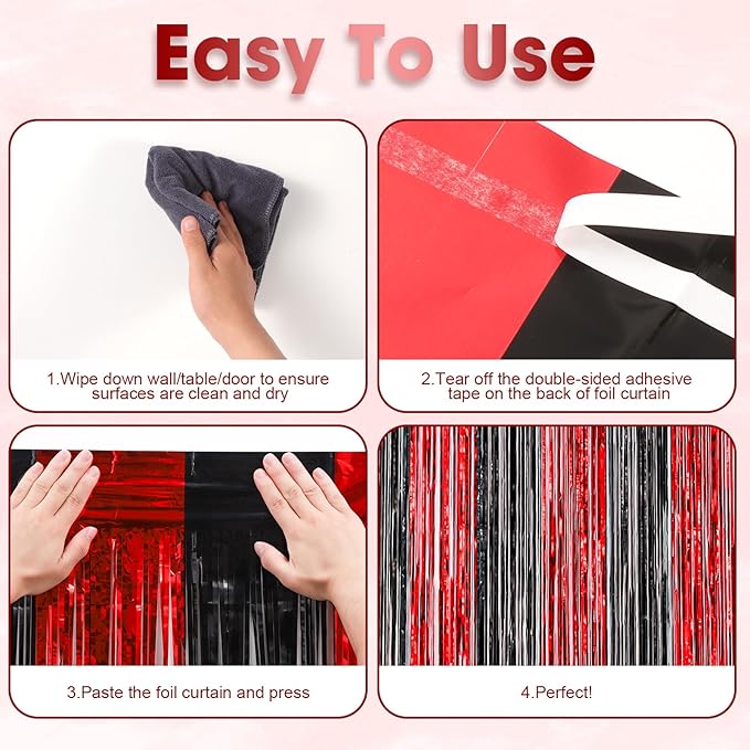 Voircoloria 3 Pack 3.3x8.2 Feet Red and Black Foil Fringe Backdrop