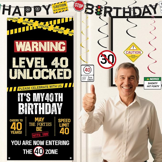 40th Birthday Decorations Men Women Caution Logo Level 40 Unlocked