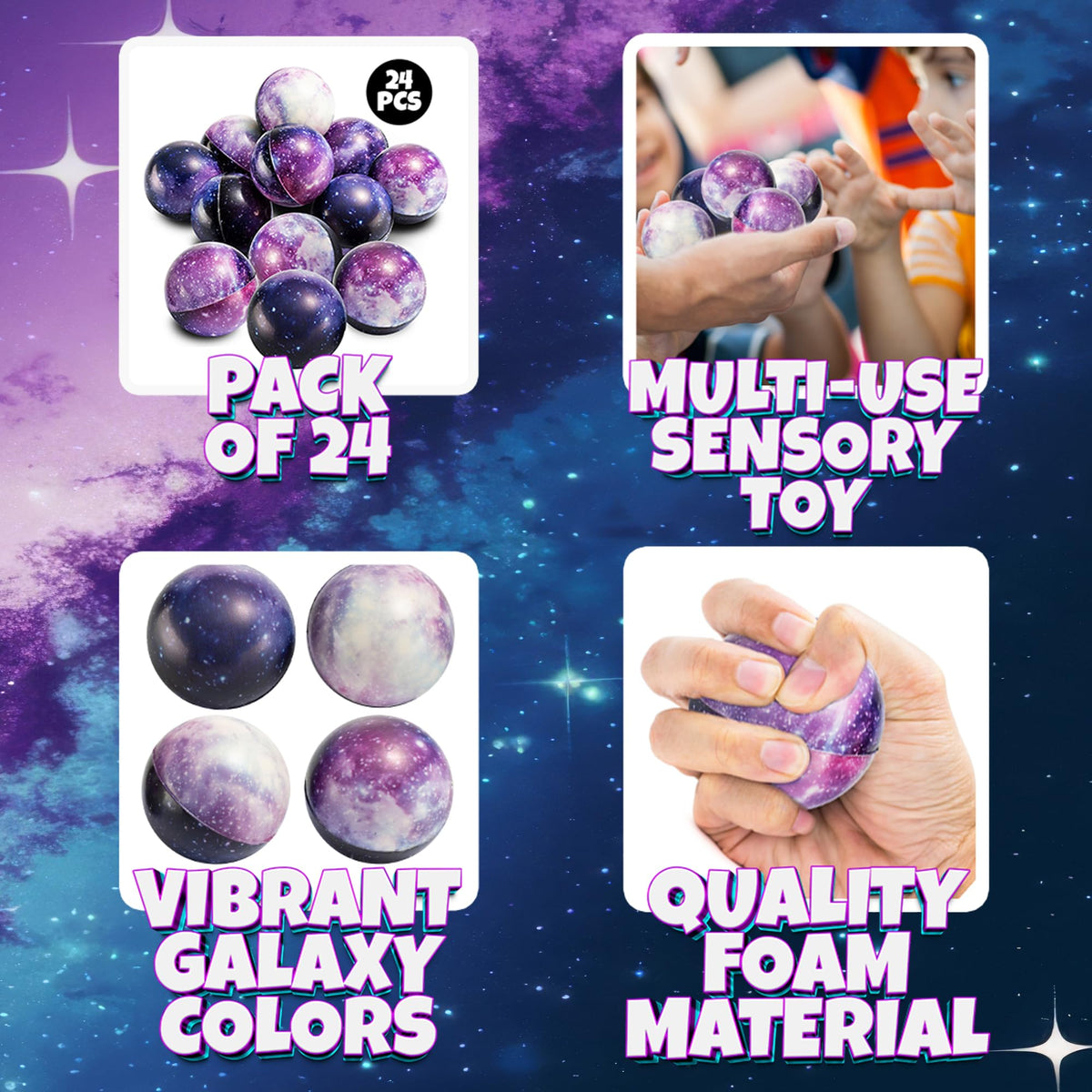 Galaxy Stress Balls for Kids - Pack of 24 Bulk - Squeeze Anxiety