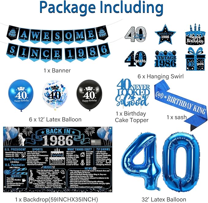 40th Birthday Decorations for Men 20PCS Black Blue Back in 1986