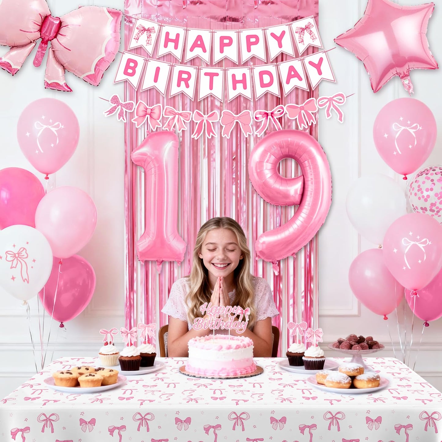 19th Pink Birthday Decorations for Girls, Pink Bow Coquette Birthday