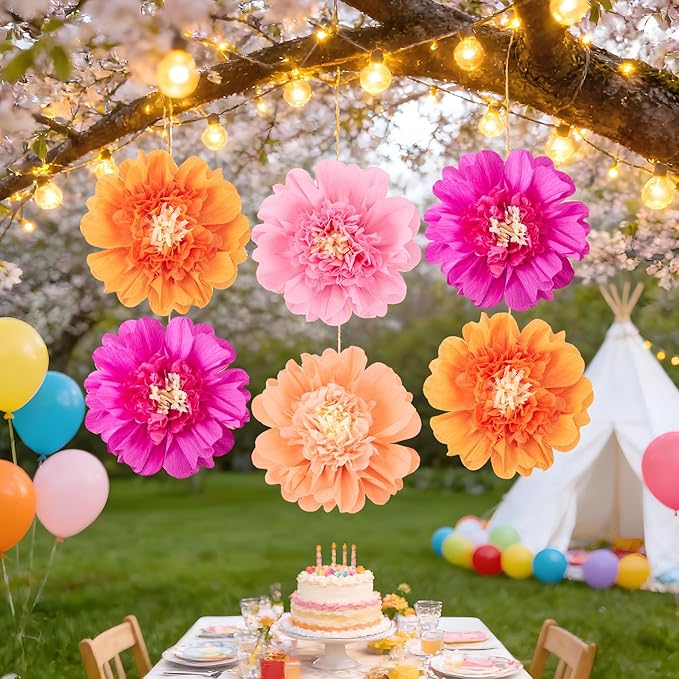 SUNBEAUTY 6PCS Hot Pink and Orange Paper Flowers 12 Inch Large Tissue