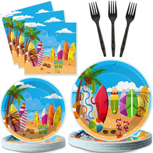 100 Pcs Summer Beach Surfing Party Paper Plates Napkins Supplies for