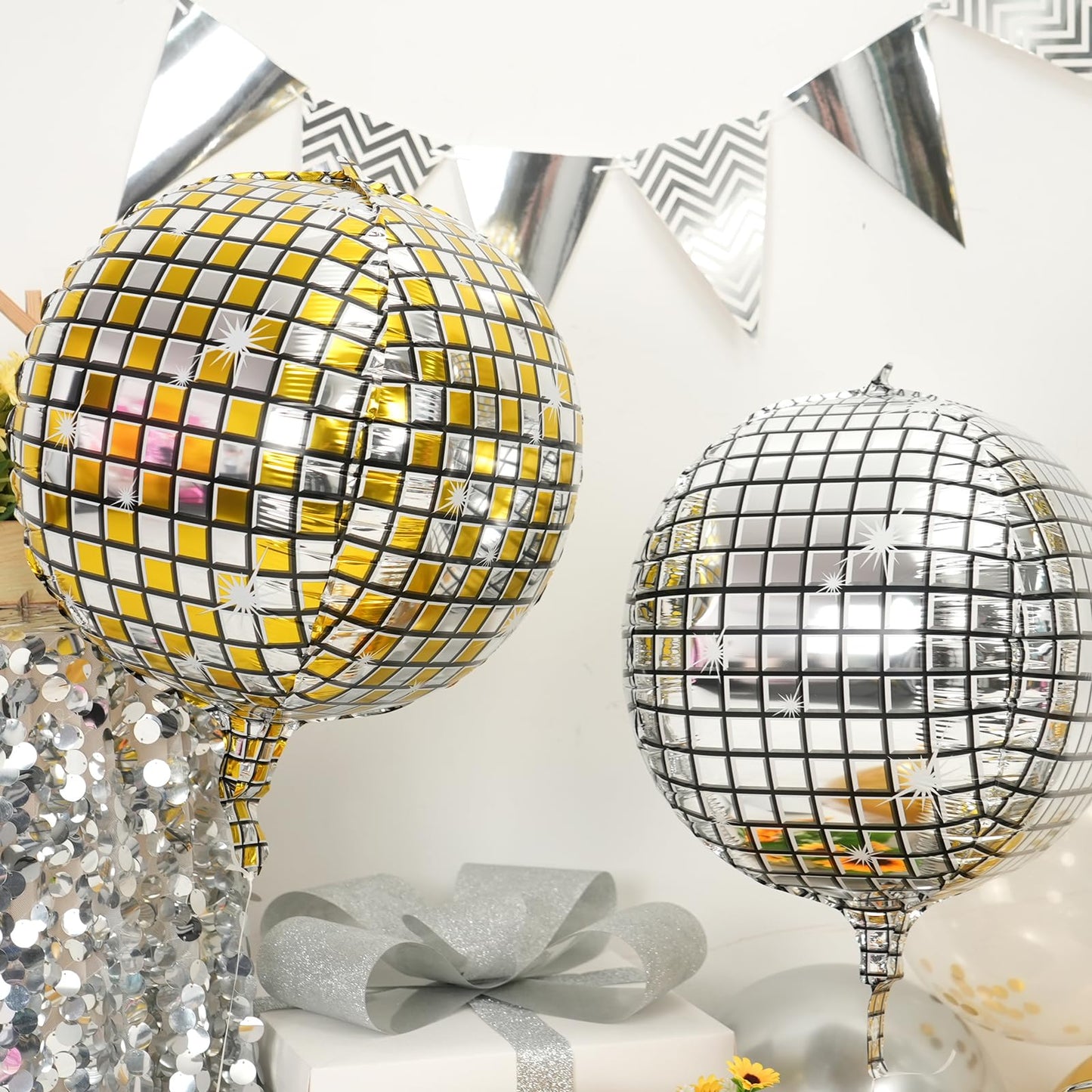 Disco Ball Balloons Gold Silve 4PC,Foil Disco Balloons 22 Inch 4D