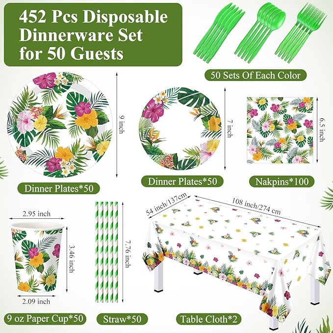 452 Pcs Hawaiian Party Decorations Tropical Luau Paper Plates