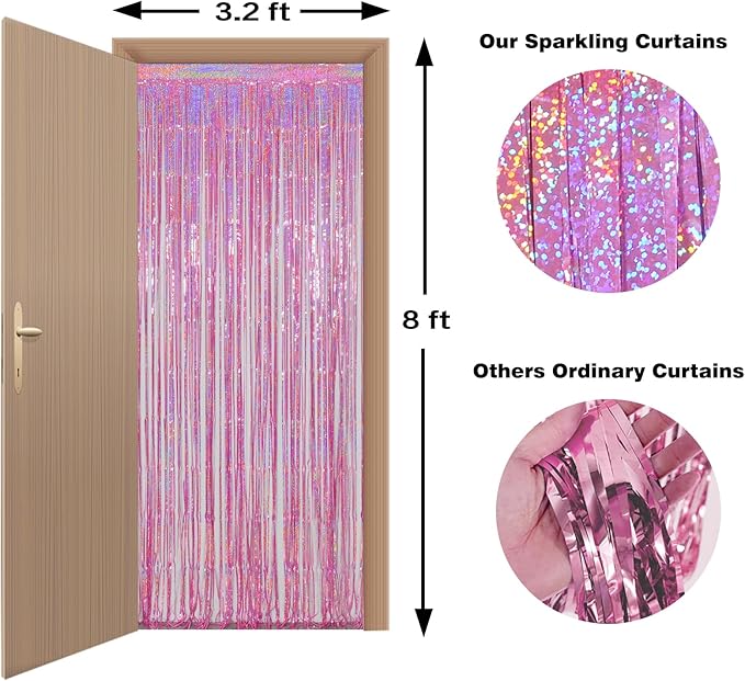 Melsan Pink Foil Fringe Curtain Easter Decorations for Home – 3 Pack