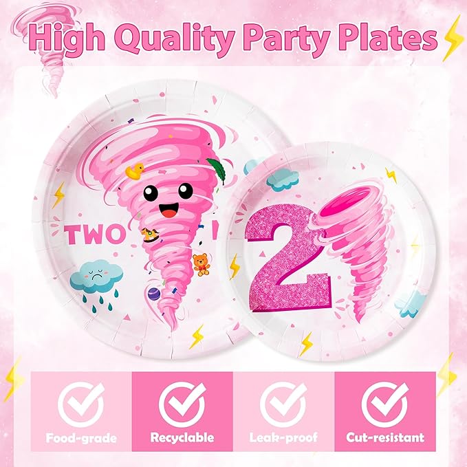 96Pcs Two Nado Pink Tornado 2nd Birthday Party Plates Supplies Party