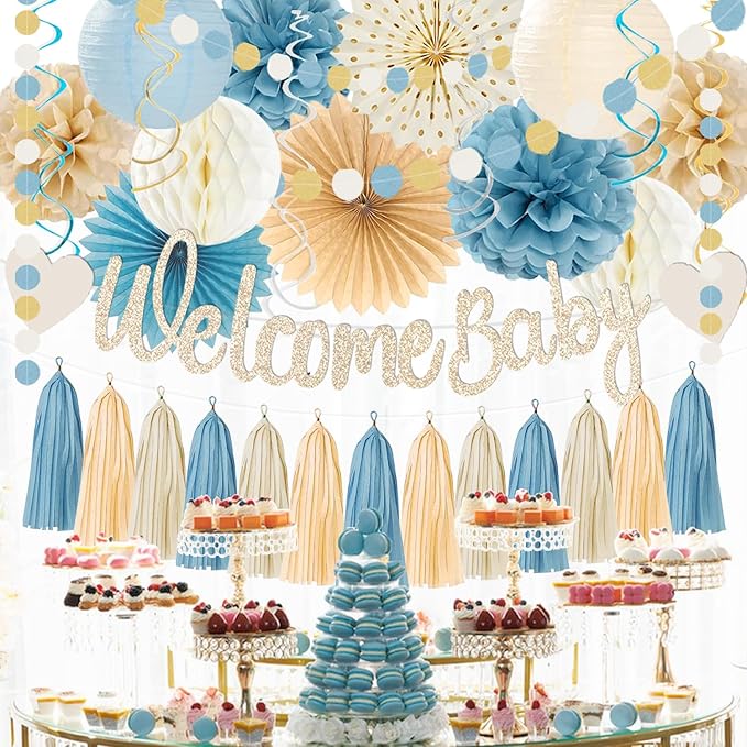Light Dusty Blue Boho Baby Shower Party Decorations Beige Champagne