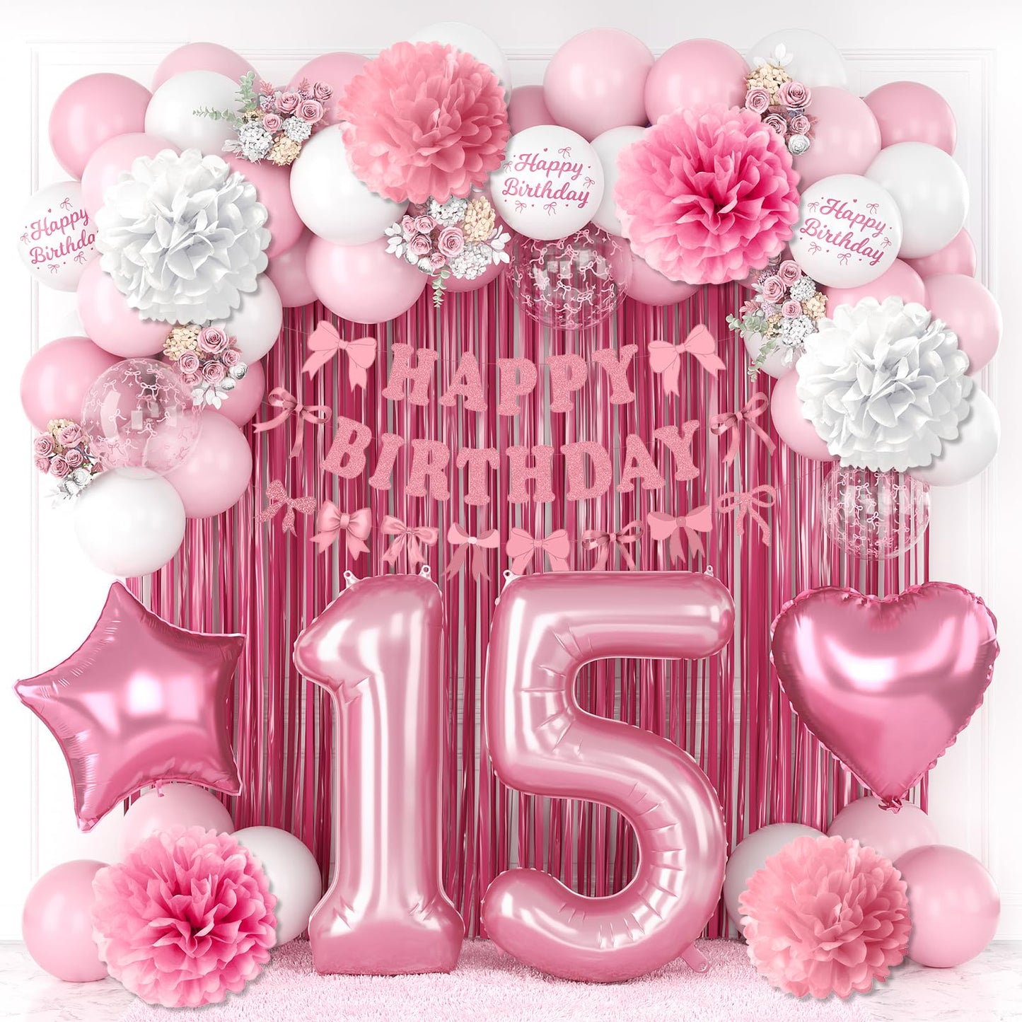 15th Birthday Decorations for Girls Pink Number 15 Balloon Bow