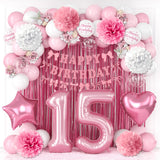 15th Birthday Decorations for Girls Pink Number 15 Balloon Bow