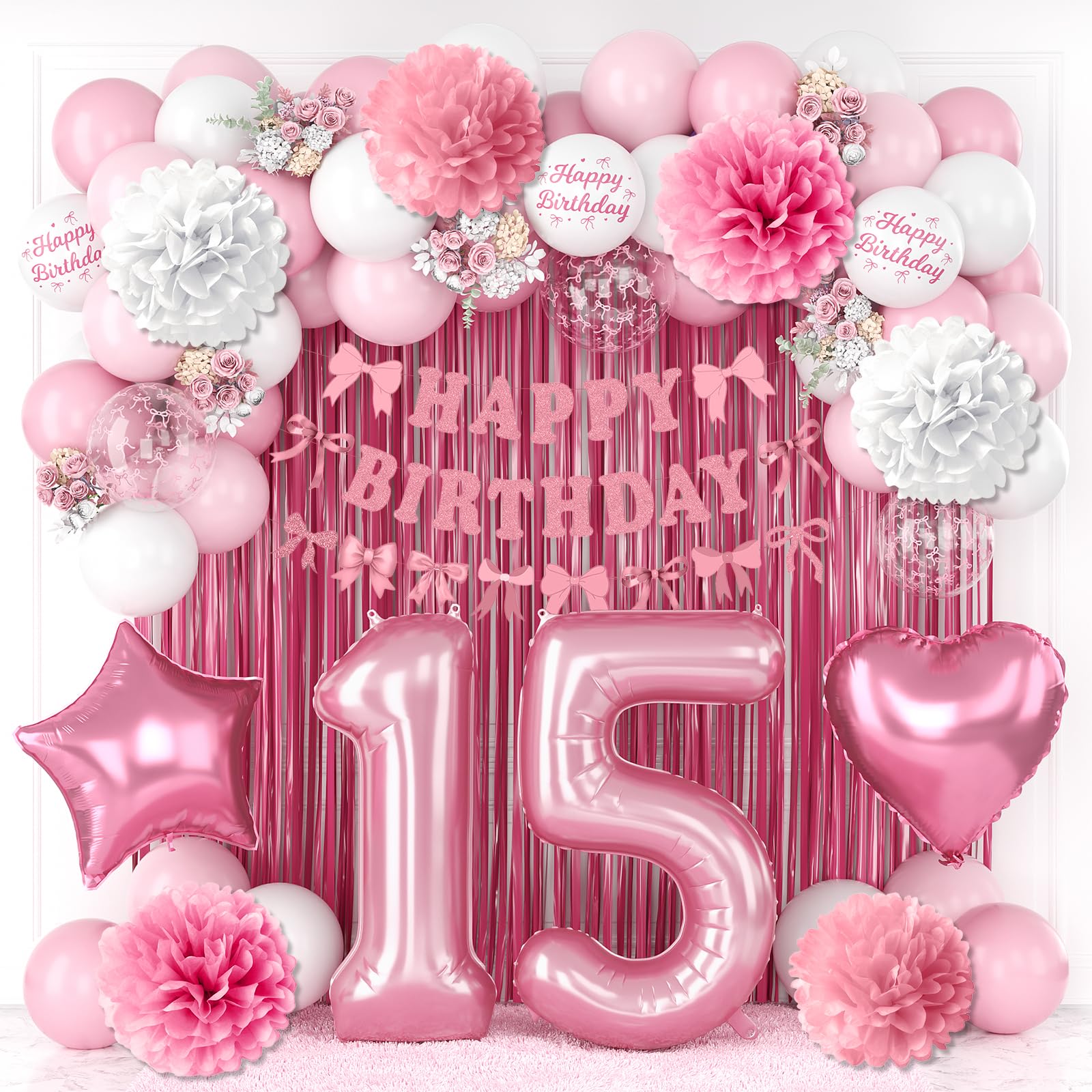 15th Birthday Decorations for Girls Pink Number 15 Balloon Bow