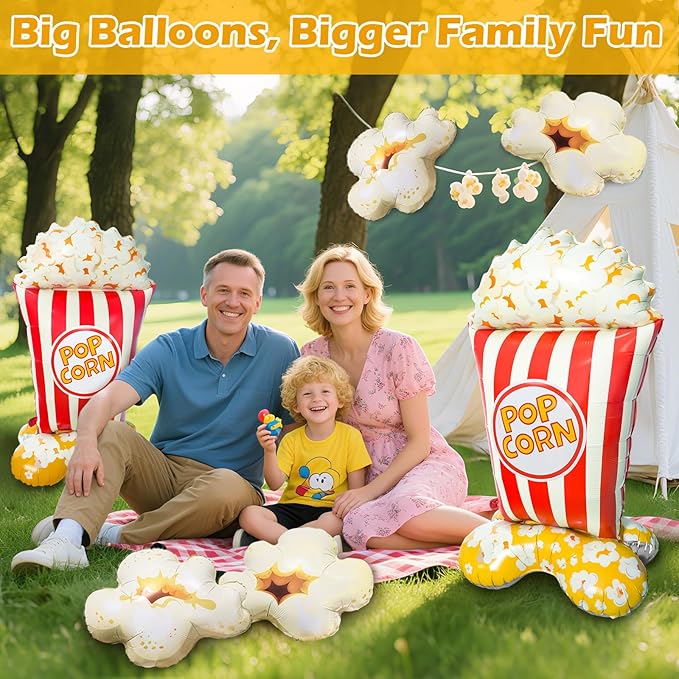 6 PCS Popcorn Balloons Set, 2 Jumbo 3.7 FT Standing Popcorn Bucket