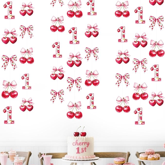 Cherry 1st Birthday Decorations Sweet Floral Cherries Pink Bow
