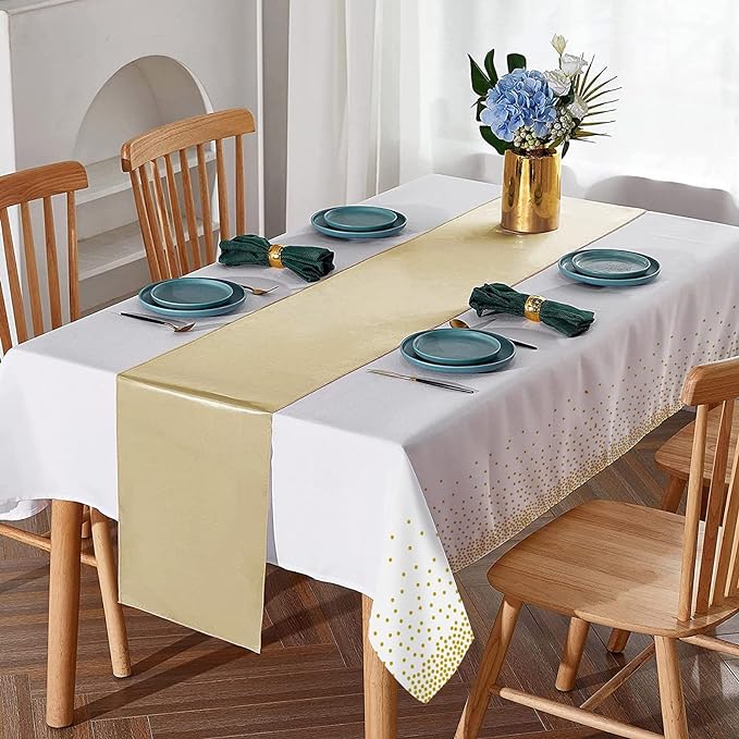 8Pack Disposable Plastic Tablecloths and Satin Table Runner Set White