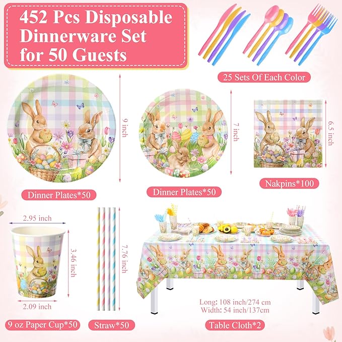 452 Pcs Easter Party Supplies for 50 Guest Pastel Easter Bunny Paper