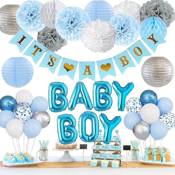 Ouddy Party Blue Baby Shower Decorations with Its a Boy Banner Baby