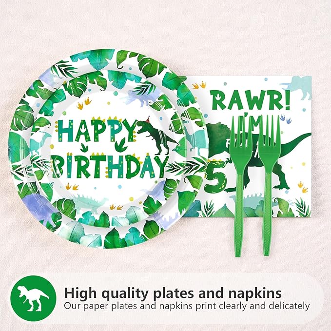 96 Pcs Dinosaur 5th Birthday Decorations Five Rex Plates and Napkins