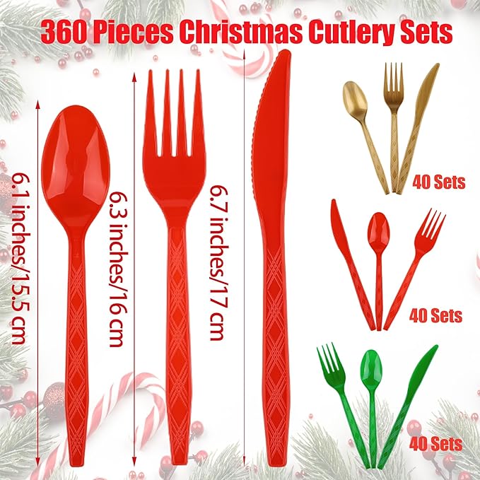 Kochorie 360 Pieces Christmas Plastic Cutlery Set Disposable Plastic