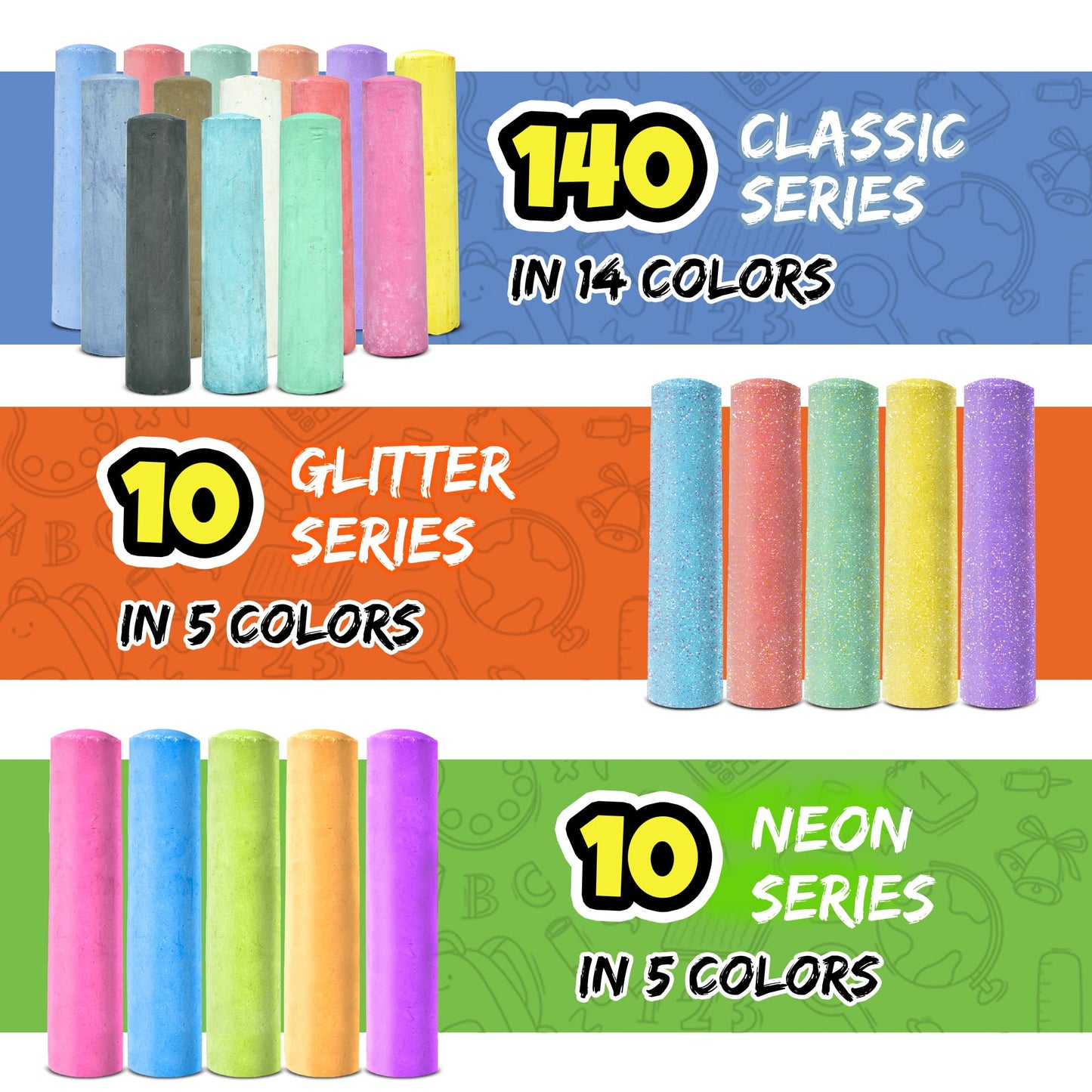 160 PCS Sidewalk Chalk for Kids - 14 Colors, 10 Glitter, 10 Neon