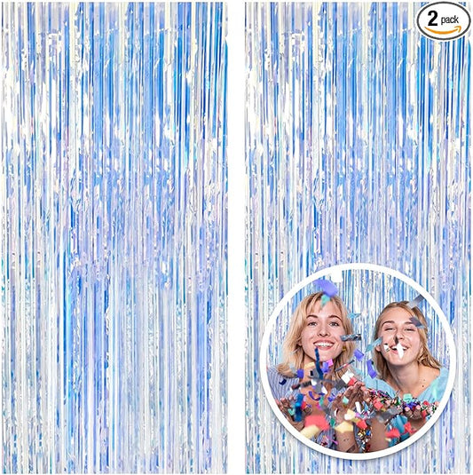 2 Pack Foil Curtain Backdrop Iridescent Metallic Tinsel Foil Fringe
