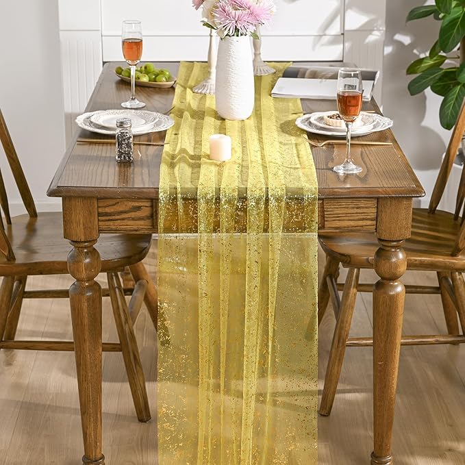 Artoid Mode Light Yellow Gold Gauze Table Runner 120 Inch 10FT,