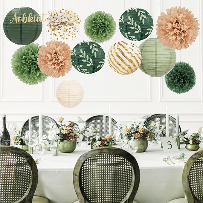 AOBKIAT Wedding Party Decorations Set,12PCS Olive Green Sage Paper