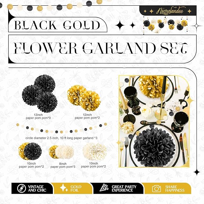 Black Gold Party Decorations 15 PCS Tissue Paper Pom Poms Kit for