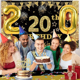 20th Birthday Decorations for Him Her with Banner Black and Gold