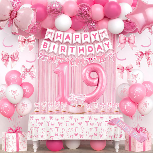 19th Pink Birthday Decorations for Girls, Pink Bow Coquette Birthday