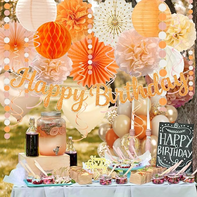 Orange Peach Fall Boho Birthday Party Decorations 62pcs Happy
