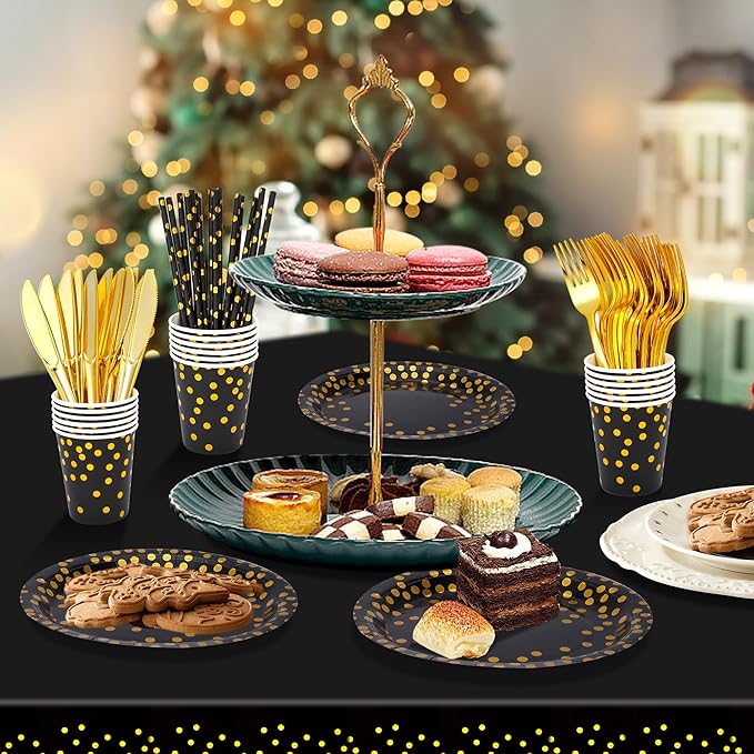 Sylken 186 Pieces Black and Gold Party Tableware Set - 25 Guests