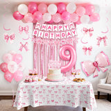 9th Pink Birthday Decorations for Girls, Pink Bow Coquette Birthday