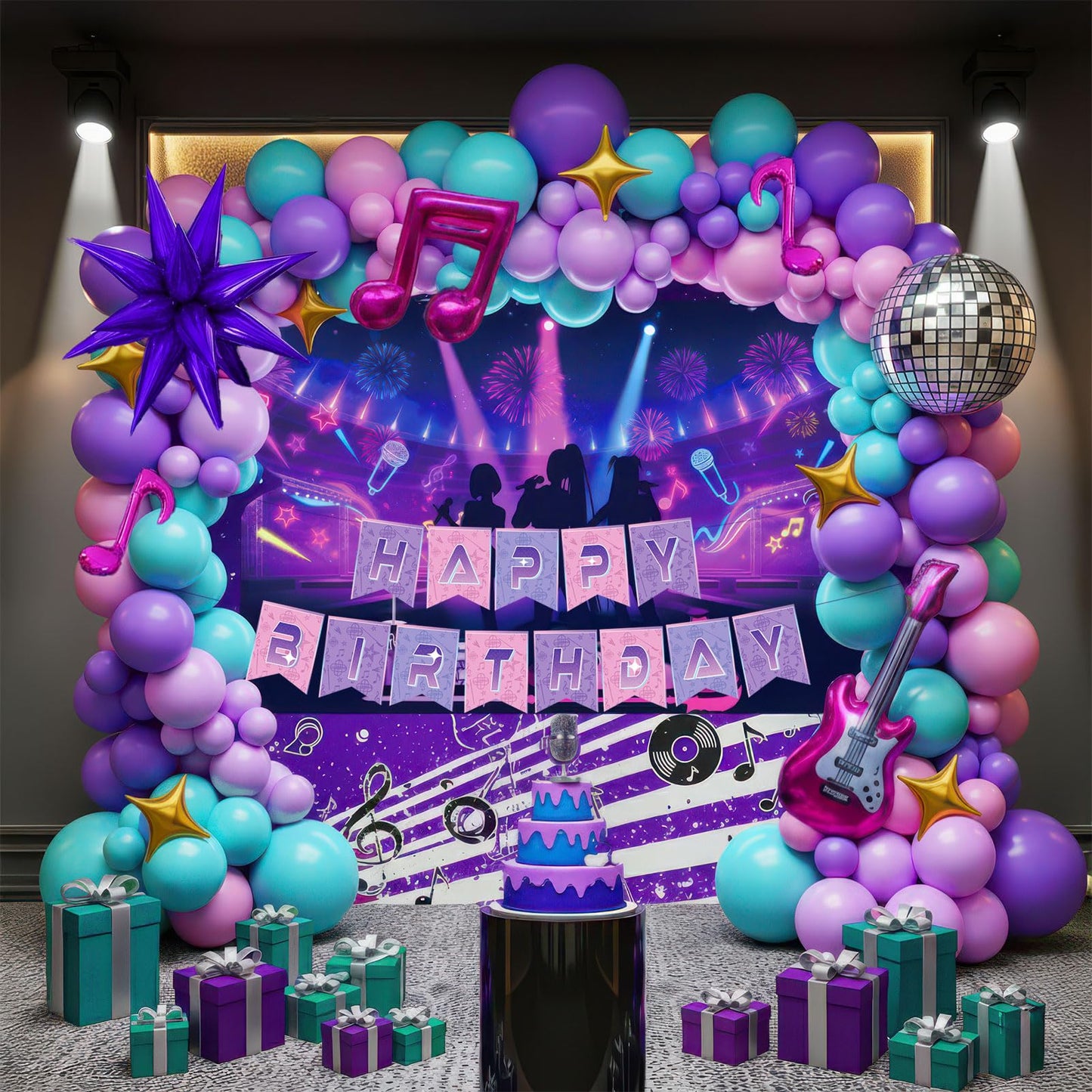 Purple pink Balloon Arch Garland Kit with Banner Musical symbols Disco