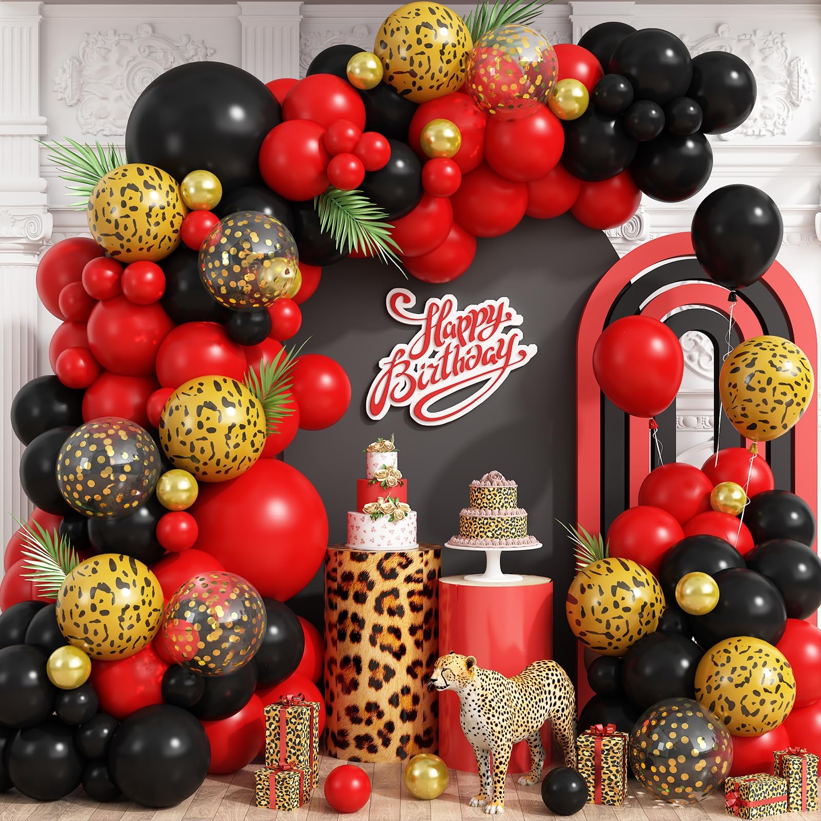 Red and Black Cheetah Print Balloons Arch Kit, Black Red Balloons