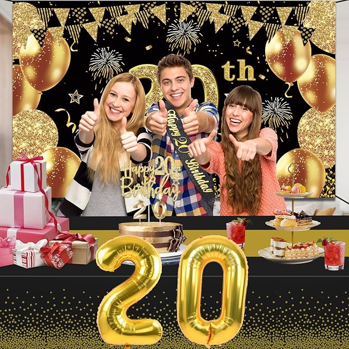 20th Birthday Decorations for Him Her with Banner Black and Gold