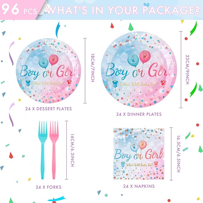96 PCS Gender Reveal Plates Set Serve 24 Disposable Tableware for