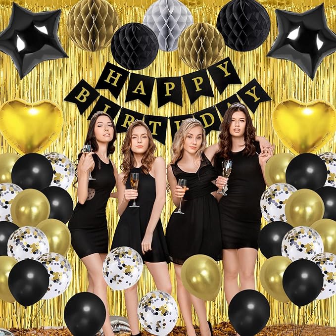 Black Gold Birthday Party Decorations Supplies Happy Birthday Banner