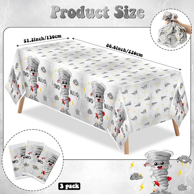 3Pcs Two Nado Party Tablecloths - Gray Tornado Birthday Party Table