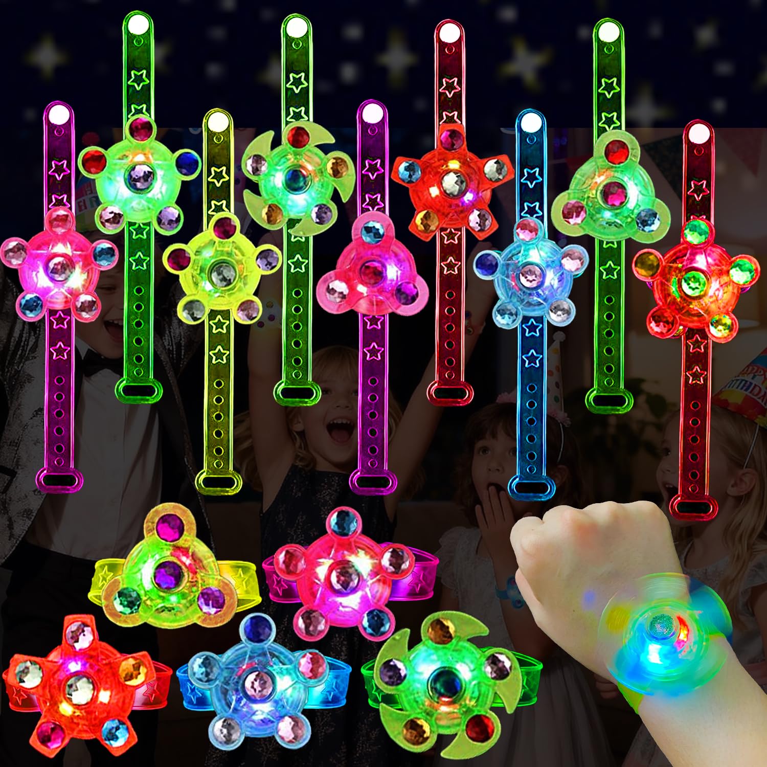 Maegawa 25 Pack LED Light Up Fidget Spinner Bracelets Party Favors for