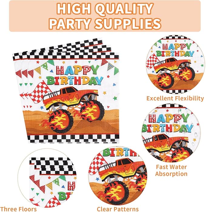 96 Pcs Monster Theme Truck 3rd Birthday Party Supplies Monster Theme