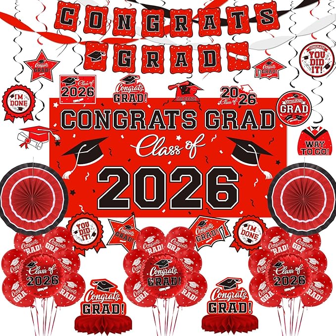 Red Themed 2026 Graduation Decorations Set Congrats Grad Banner