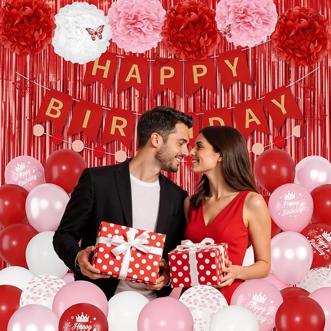 Red Birthday Decorations for Women Girls, Pearl Pink White Confetti