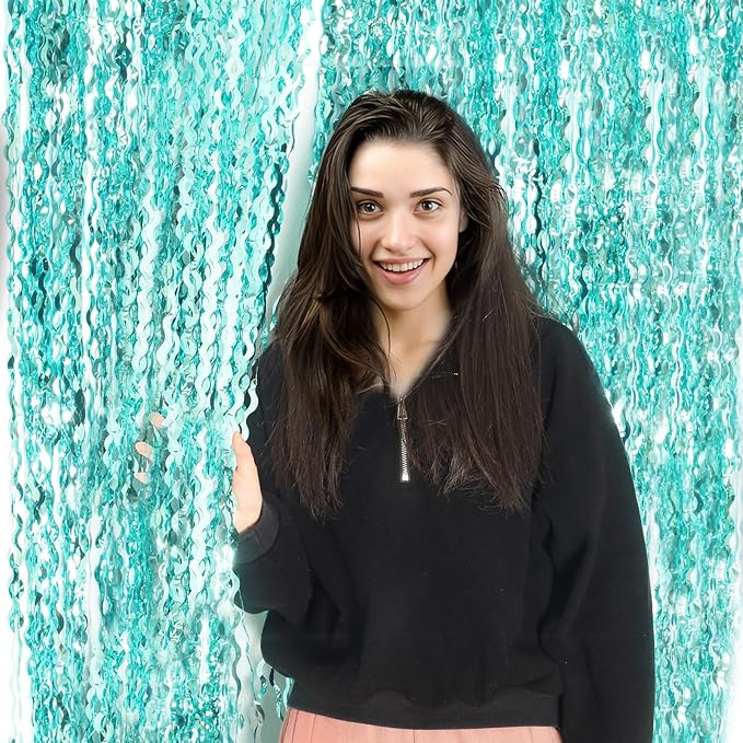 4 Pack 3.3 ft x 6.6 ft Wavy Aqua Teal Blue Tinsel Foil Fringe