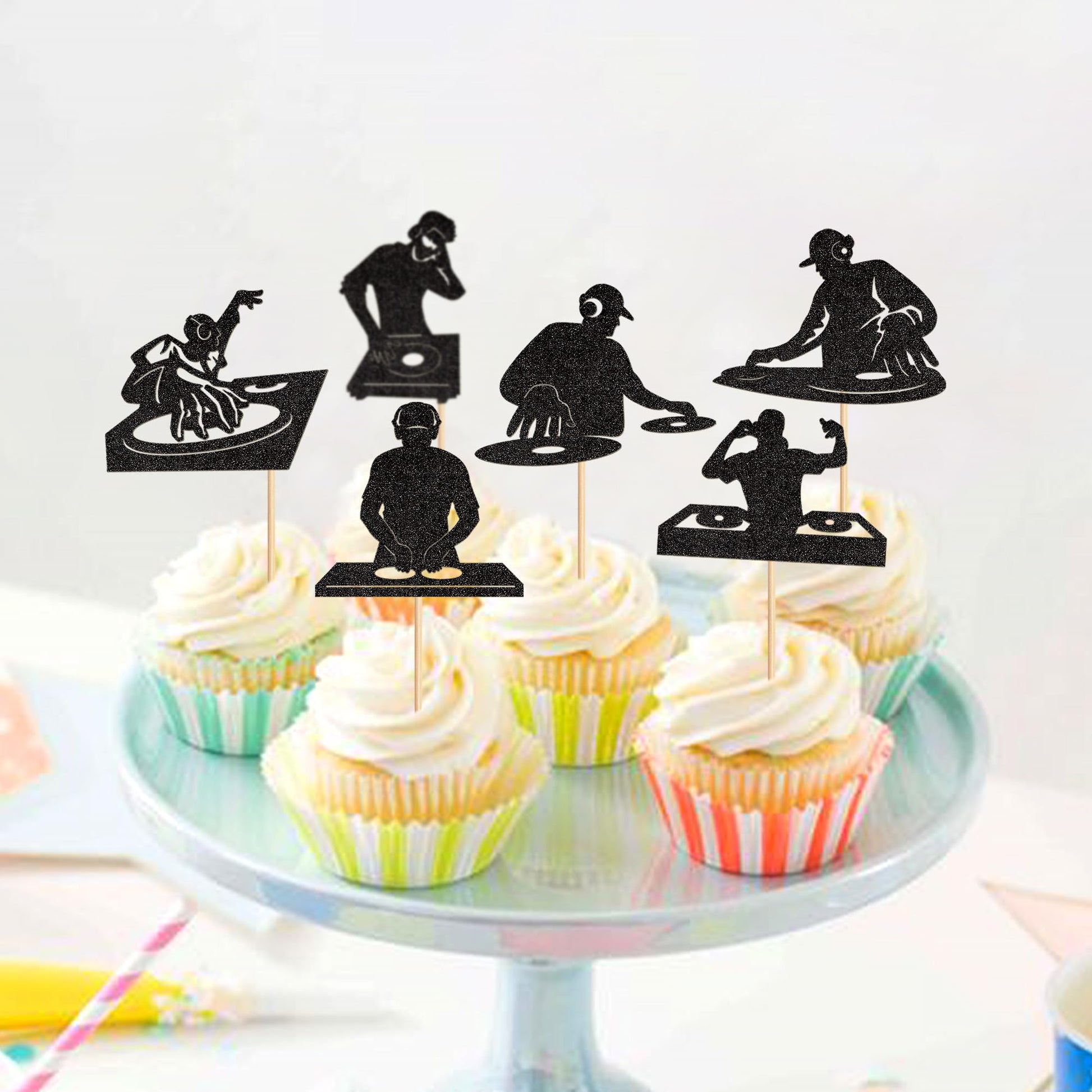 Ercadio 24PCS Ercadio 24PCS DJ Cupcake Toppers Glitter Black Rock &