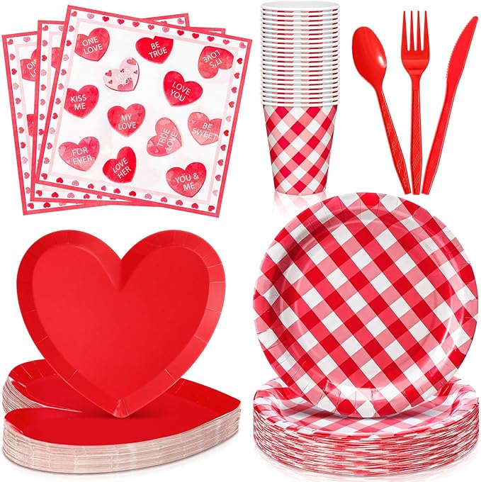 350 Pcs Valentines Party Supplies Set for 50 Guests Red Heart Paper